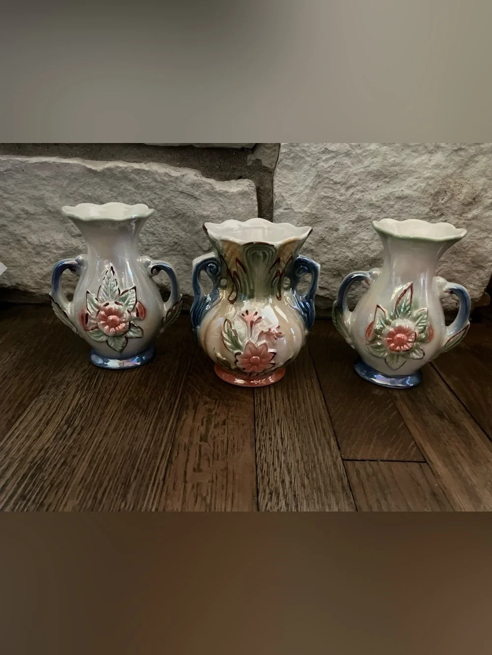 3 Vintage Lusterware Vase Art Pottery Floral Double Handle From Brazil